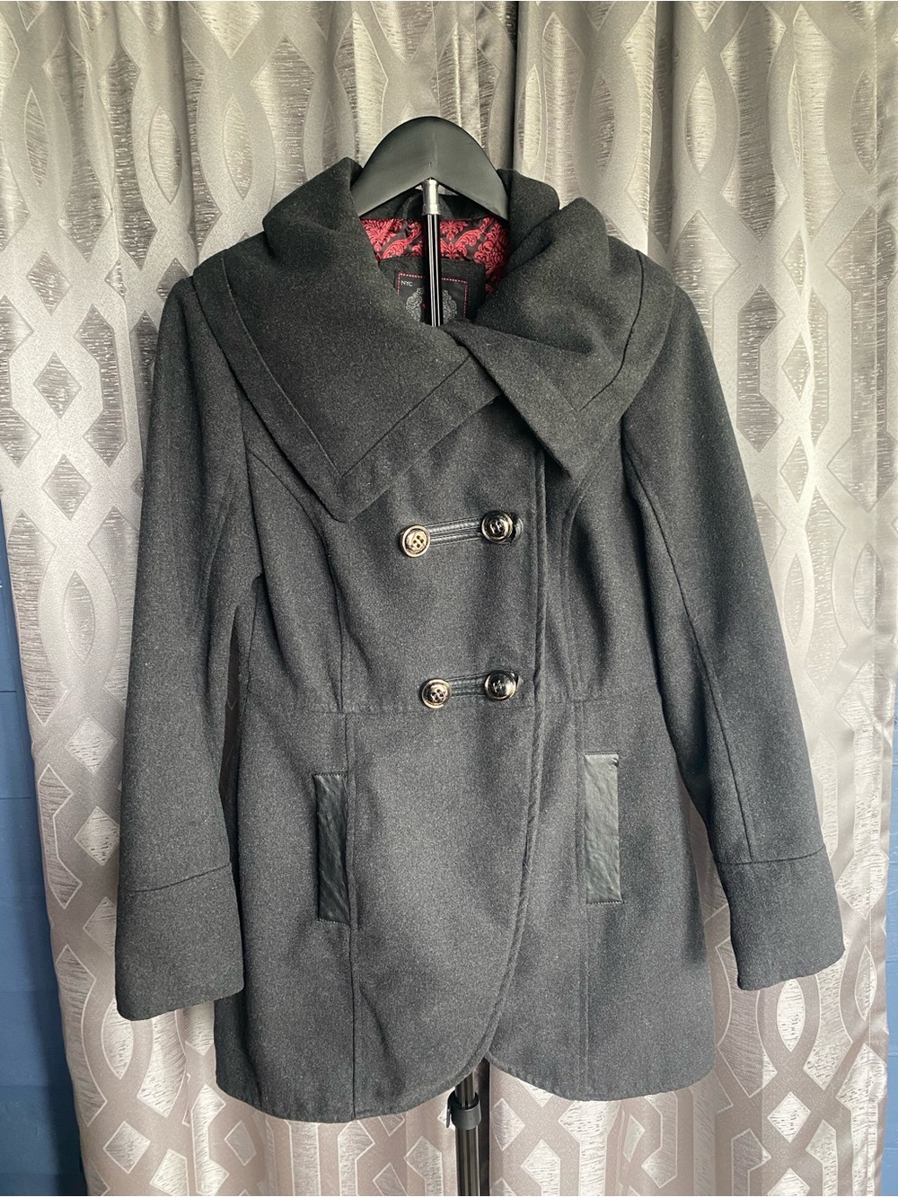 Dollhouse Gray Peacoat Jacket Faux Leather Trim Double Breasted Women Jrs Small